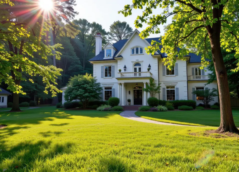 A home with natural stone details and mature trees