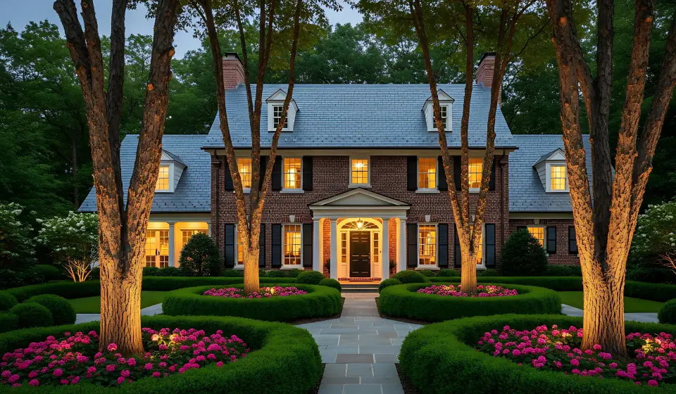 A Southern residence with inviting evening lighting
